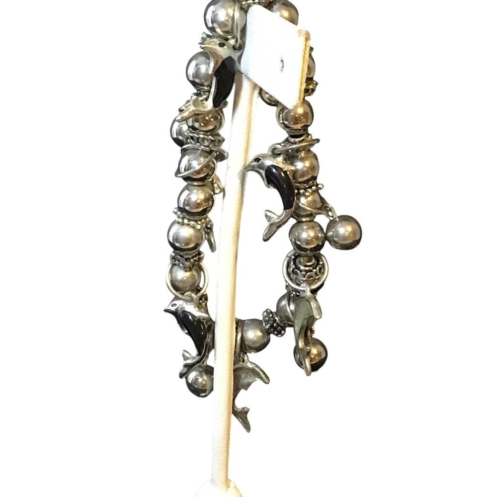 Silver Tone Dolphin Charm Bracelet With Stretch Design & Bead Accents (1358) - Picture 4 of 4